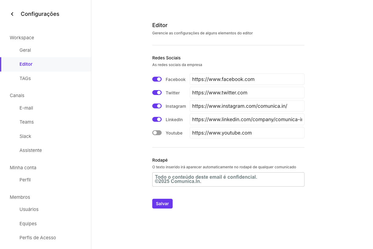 Visão geral da nova tela de configurações